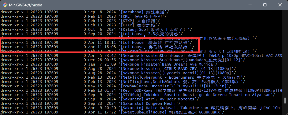 （用 git bash 是因为我发现它的 ls 命令在显示带有空格的文件名时会带上单引号，而 powershell 不会）